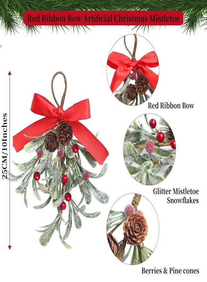 Teircno Christmas Artificial Mistletoe Ornament with Red Bow Snowy Red Berries Christmas Hanging Mistletoe Decorations Bouquet Floral Natural Pine Cones Holiday Decoration Ornament Bouquet - Image 2